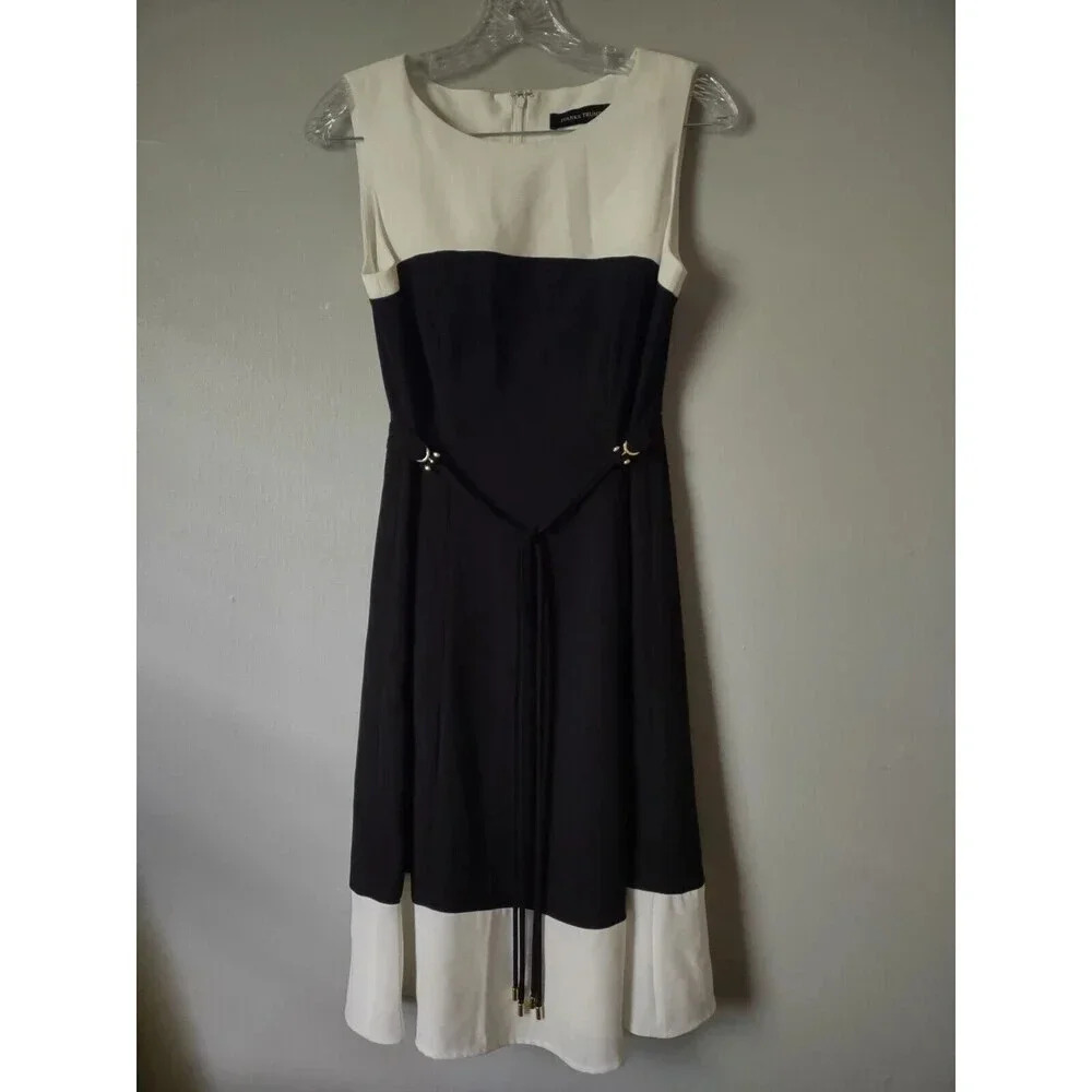 Ivanka Trump Sz 4 Chic Colorblock Black White Sleeveless Shift Dress Tie Tassels